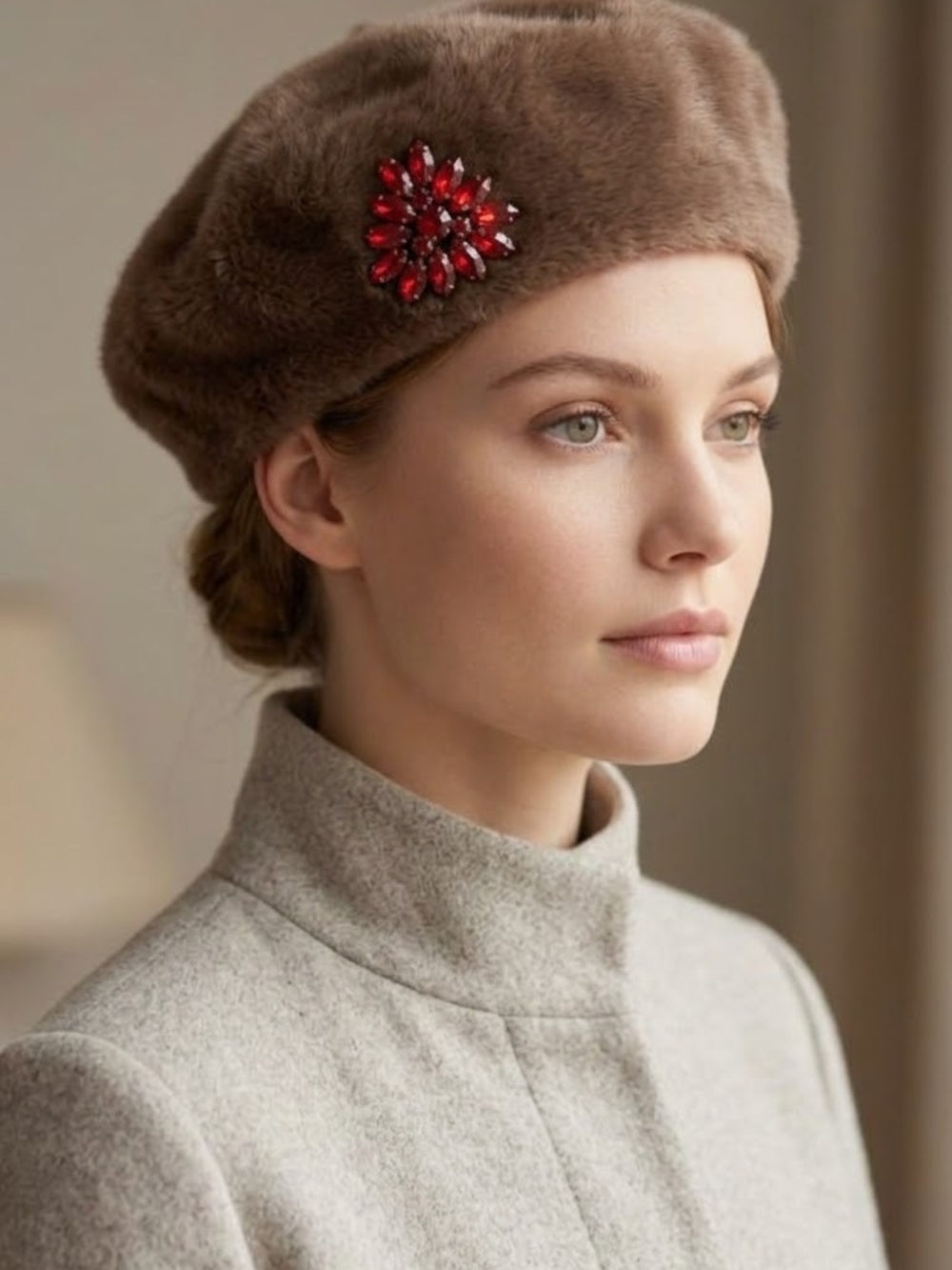 Vintage Selene Taupe Faux Fur Beret with Red Crystal Brooch